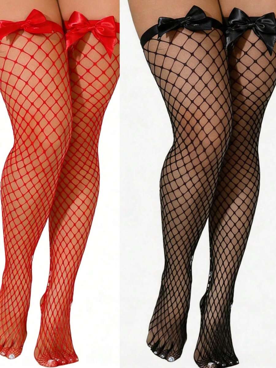Bow Decor Fishnet Thigh High S - Knee High Sock Women 评论和价格